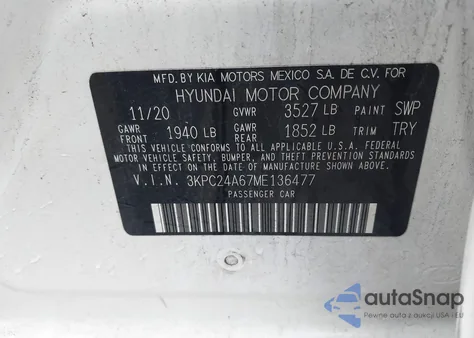 2021 Hyundai Accent Se z USA, uszkodzony, nr VIN 3KPC24A67ME136477